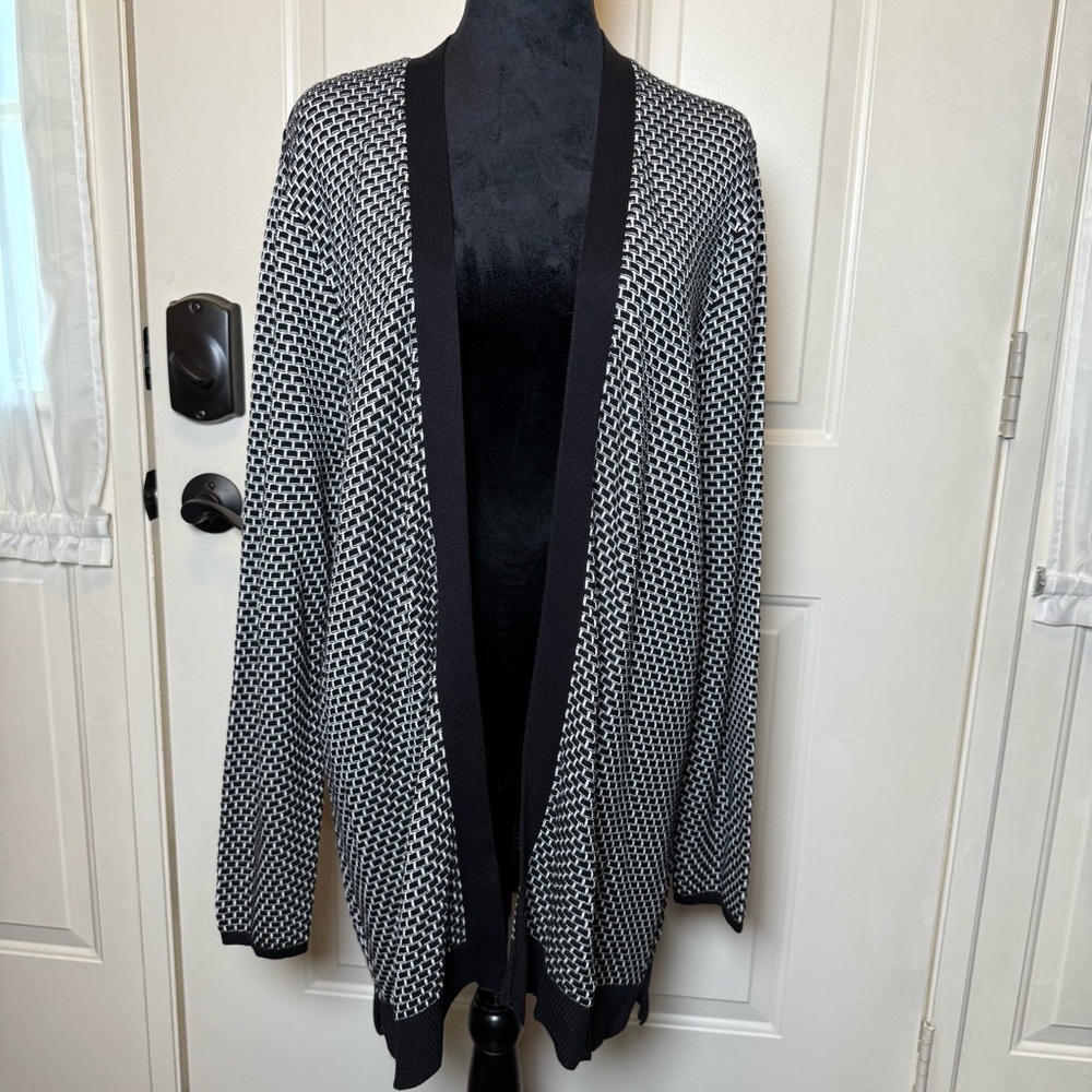 NWT Croft & Barrow Sz XL Open-Front Cardigan Black & White Basket Weave Cotton